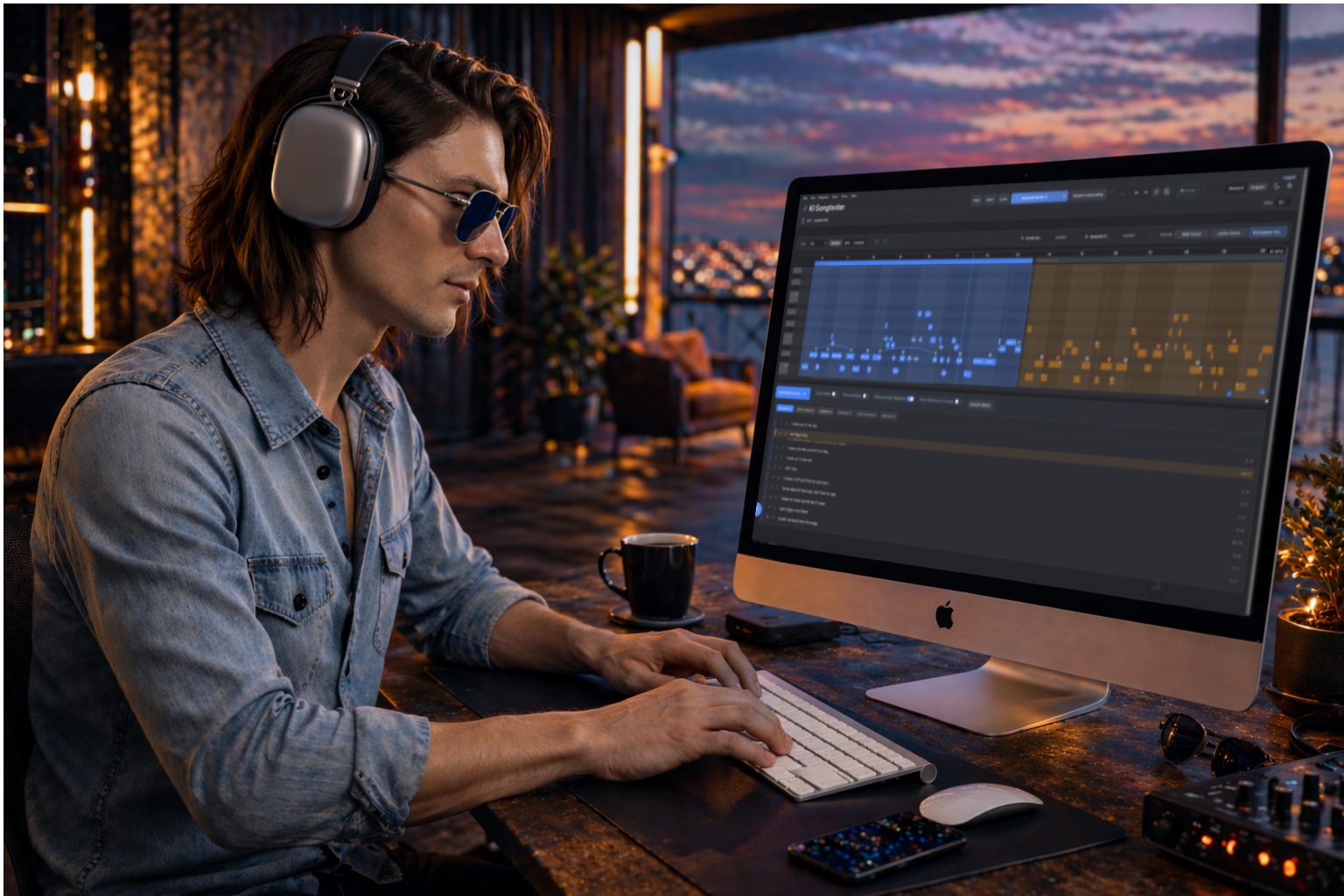 Producer in a studio working on KI Songtexter with a MIDI melody and lyrics visible on the screen.