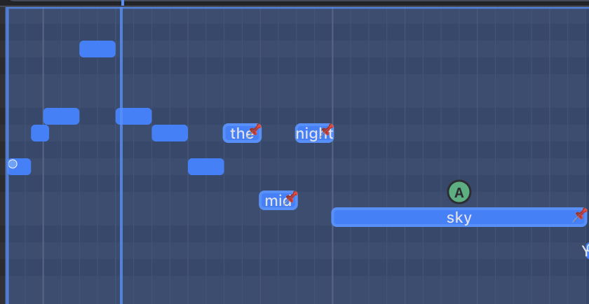 KI Songtexter: pinned words locked to notes on the melody timeline.